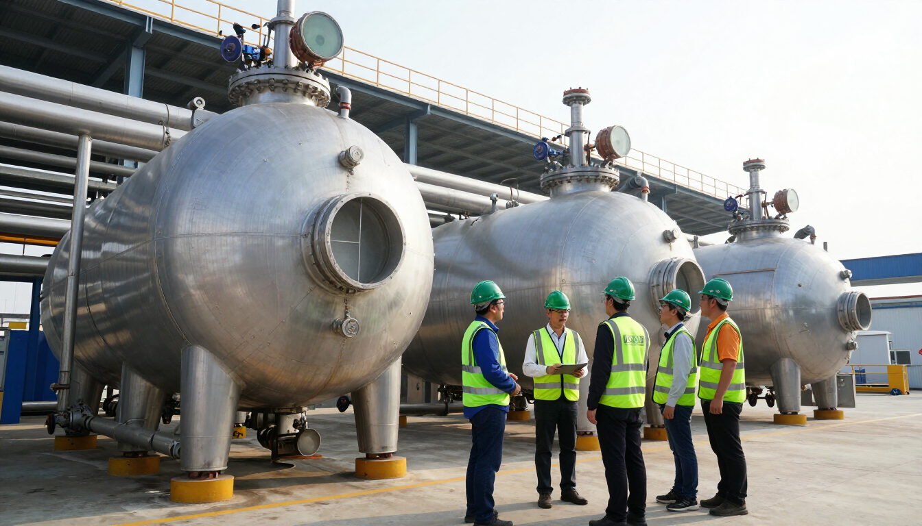 Engenheiros inspecionando planta industrial